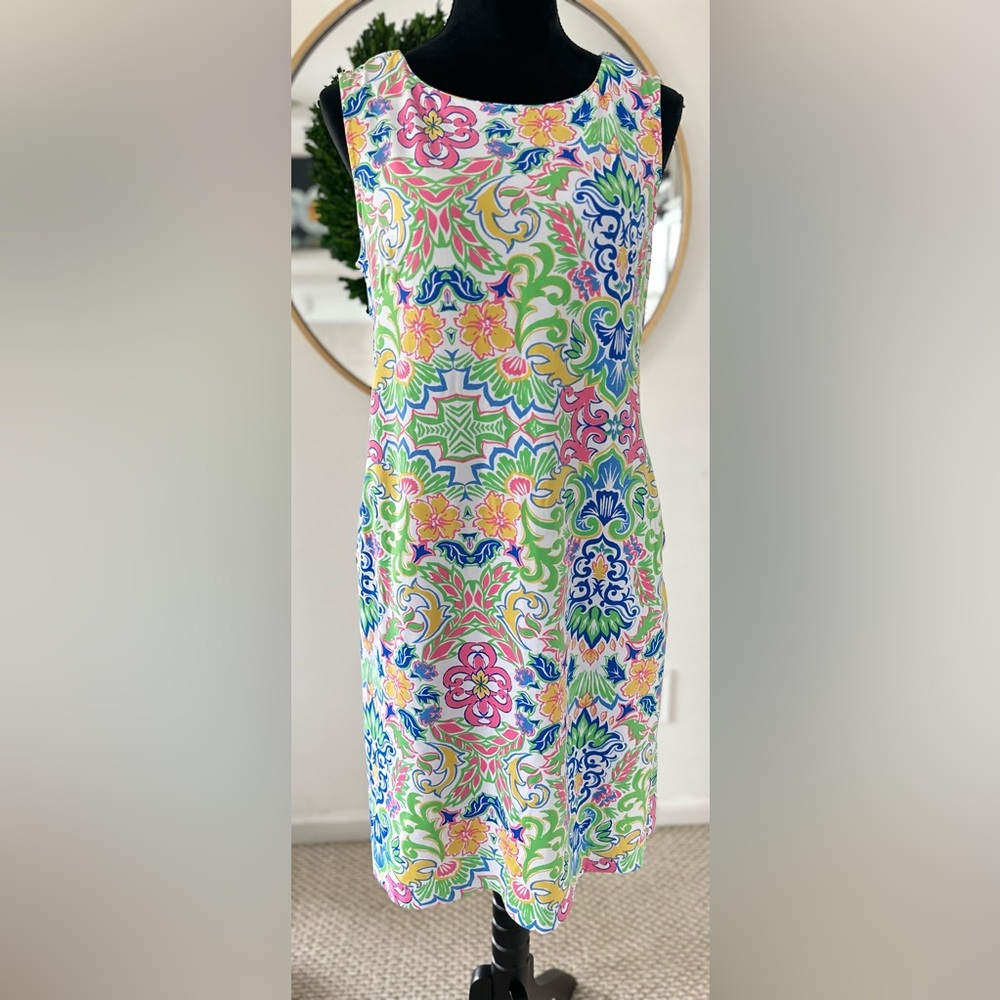 Sunsets & Sweet Tea Sleeveless Stretch Green, Pink, Blue Midi Dress Size Medium